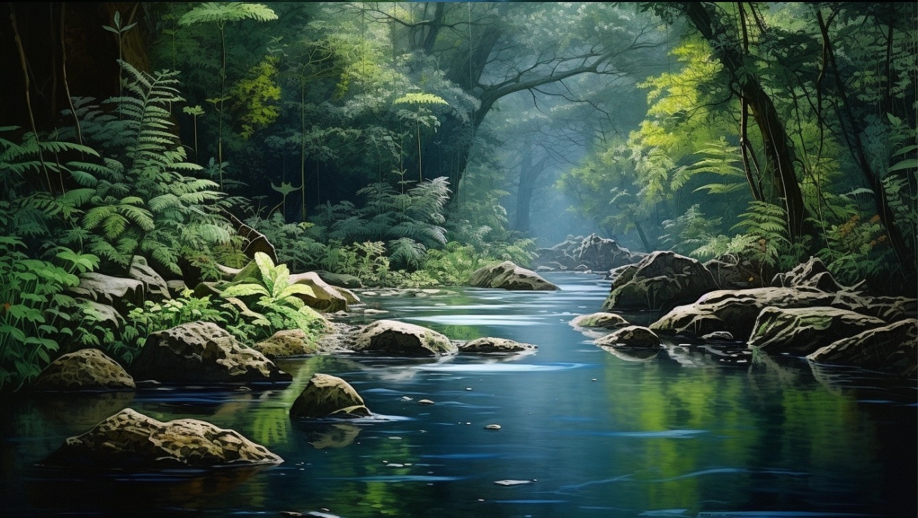 Urwaldbach im schattigen Regenwald